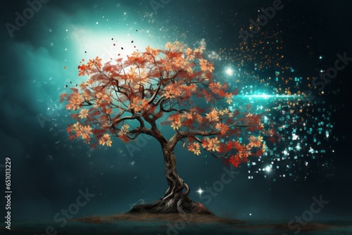 A surrealistic image of an AI-powered tree with digital leaves, symbolizing the growth and expansion of artificial intelligence.
