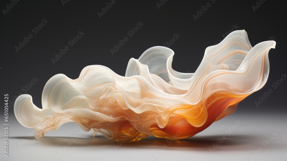 A translucent, glass-like abstract object with a fluid, wave-like ...