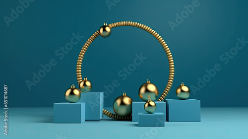 3D Render of Blue Podium Adorned with Gold Arch Christmas Tree Decorations, AI Generated