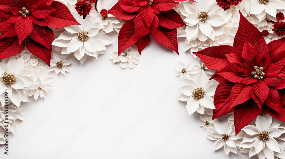 Christmas decoration. Frame of flowers of red poinsettia on a white background with copy space - obrazy, fototapety, plakaty 