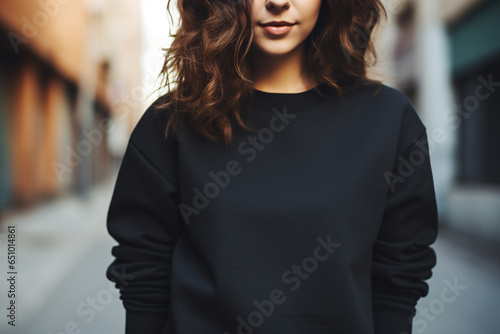 Black Sweatshirt Mockup, Blank Oversized Sweatshirt Template, Casual Fashion, Woman, Girl, Female, Model, Wearing a Black Sweatshirt, Standing Outdoors 