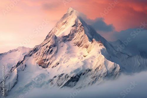 Mountain top covered with snow and shrouded in clouds at dawn