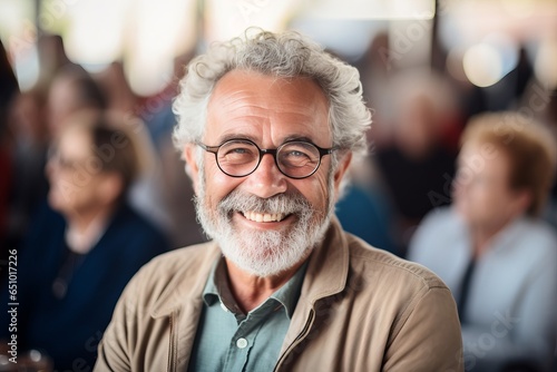 senior man smiling at an audience at event,