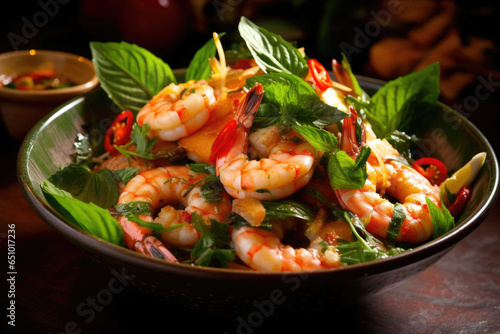 A bowl of shrimp with a bowl of spinach and tomatoes