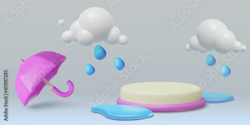 Monsoon 3D podium. Rain season vector scene with three dimensional style plastic clouds, wet puddles and opened umbrella. Modern showcase product background for sale and promotion design.