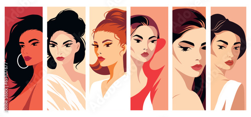 Vector set of rectangular fashion portraits in one style of woman. Diversity. Vector flat flat illustration. Avatar for a social network. Vector flat illustration.