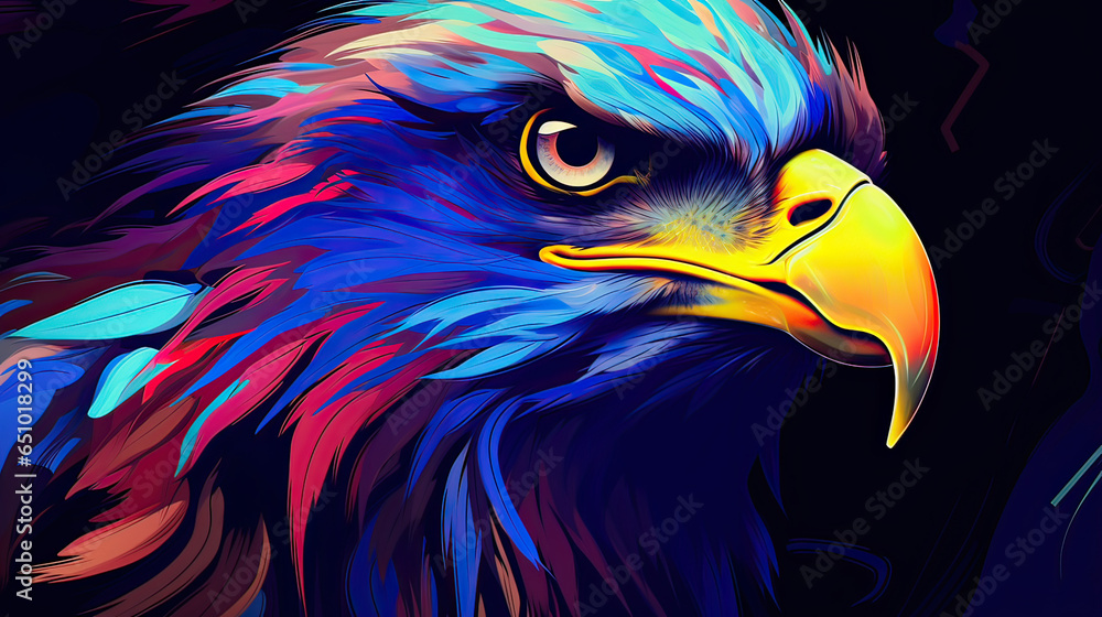 Fototapeta premium Eagle, majestically silhouetted with neon-hued feathers, abstract digital art on a deep blue canvas. AI generative