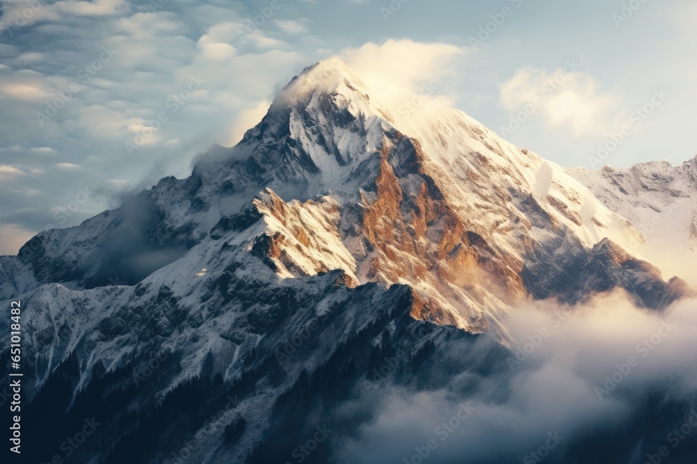 Mountain top covered with snow and shrouded in clouds at dawn - obrazy, fototapety, plakaty 