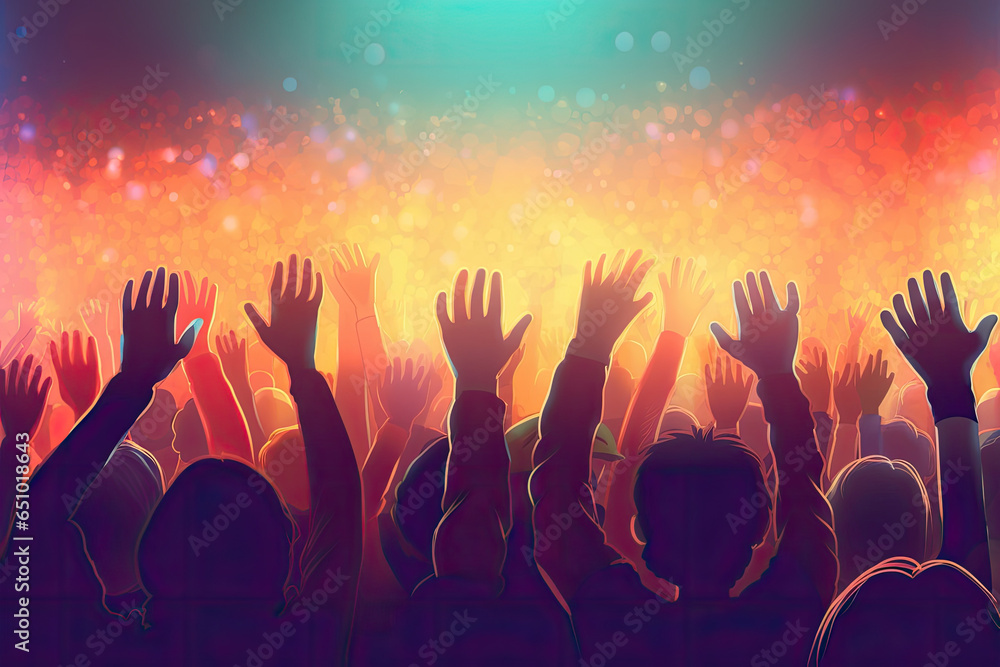 A colorful background with a crowd of hands up and the word music on it