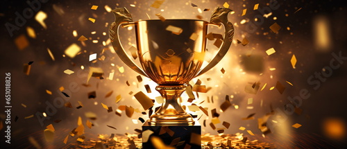 Trophy cup. Gold first place winners trophy with falling confetti and streamers. Champion trophy, shiny golden cup falling confetti for sport award. Winner prize, champions. Generative ai