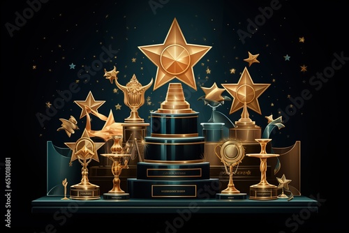 Awards concept prestigious trophies, medals, plaques symbolizing,Generated with AI photo