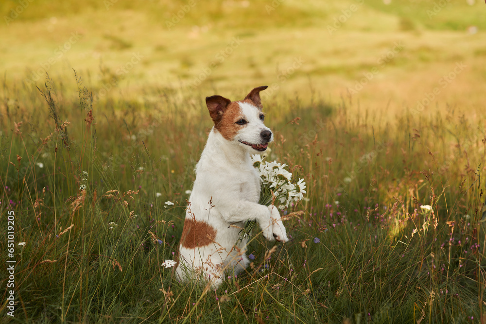 Jack Russell Terrier in the flowers field. Funny pet in nature in autumn nature