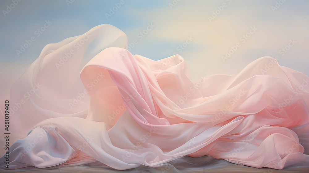 Obraz premium Ephemeral silk veils floating amidst soft pastel clouds. AI generative