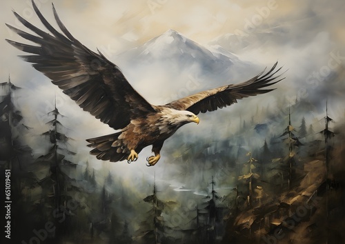 Soaring Eagle in a Forest with mountains Oil Painting artwork, wall art, illustration, High resolution, Printable
