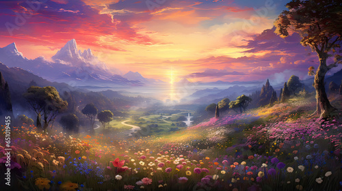 Enchanted wonderland meadow bathed in twilight glow. AI generative