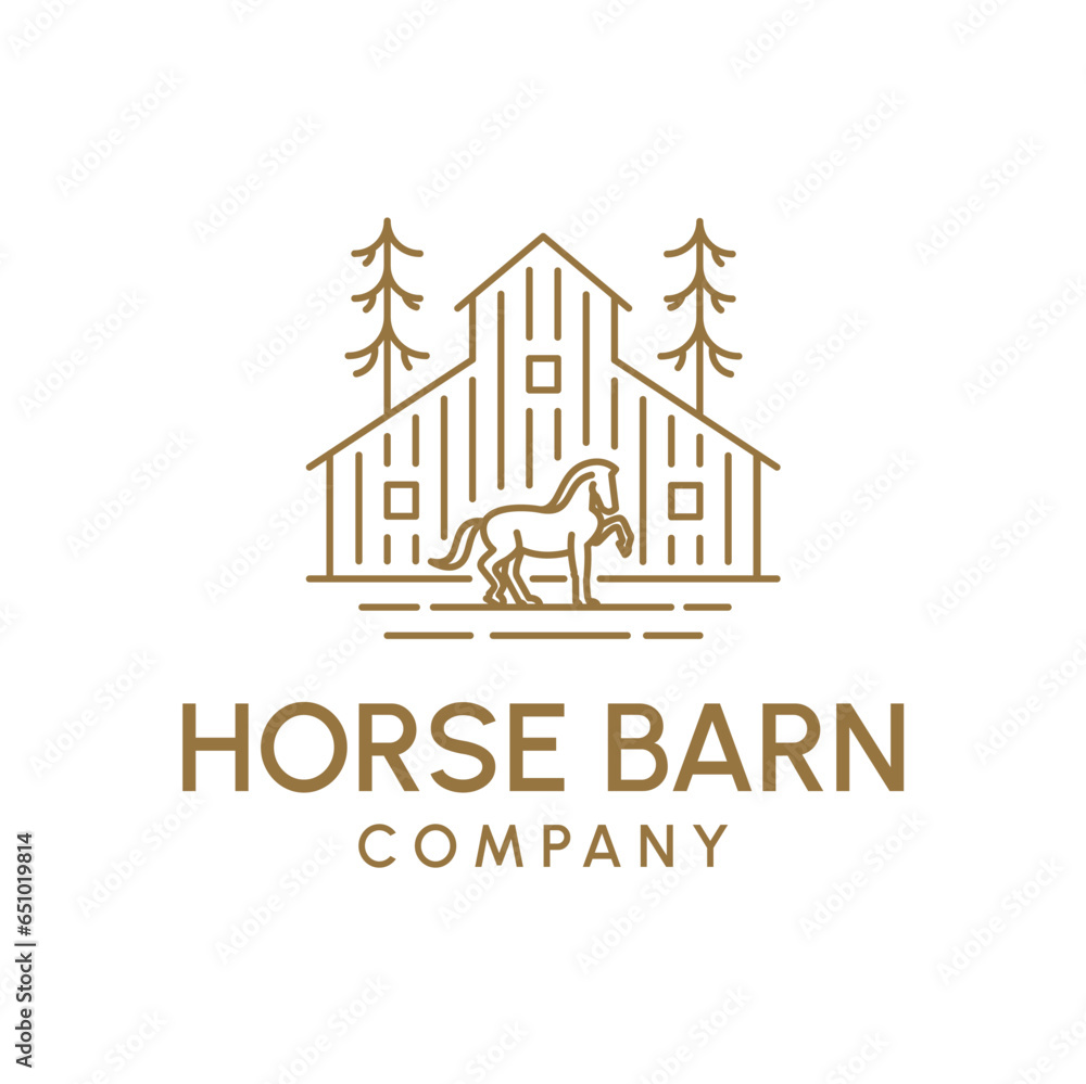 Rustic Farm Barn and Horse Logo Design. Equestrian Ranch Branding Symbol in Countryside