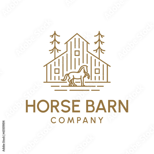 Rustic Farm Barn and Horse Logo Design. Equestrian Ranch Branding Symbol in Countryside