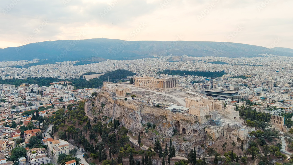 Athens, Greece. Acropolis of Athens in the early morning. Cloudy weather. Summer, Aerial View