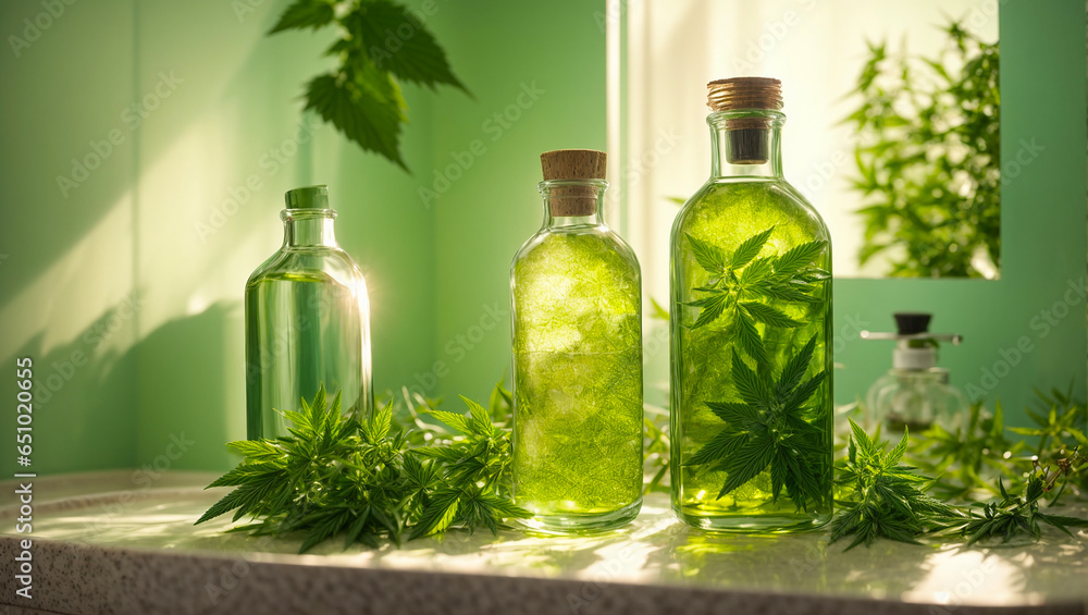 Cosmetic oil with marijuana leaves Cosmetic oil with marijuana leaves