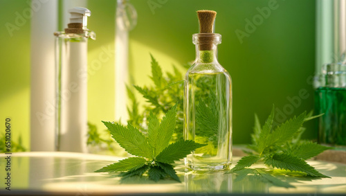Cosmetic oil with marijuana leaves