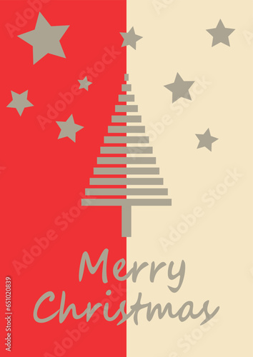 Vector template Christmas greeting card, red card with Christmas tree