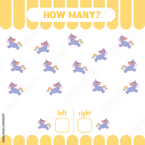Left or right game for preschool kids. How many unicorns go to the left and to the right.Educational page for children.  Counting game for kids..