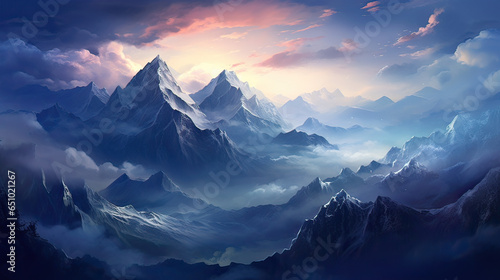 Ethereal mountain range bathed in twilight hues  a haven for dreamers.  AI generative