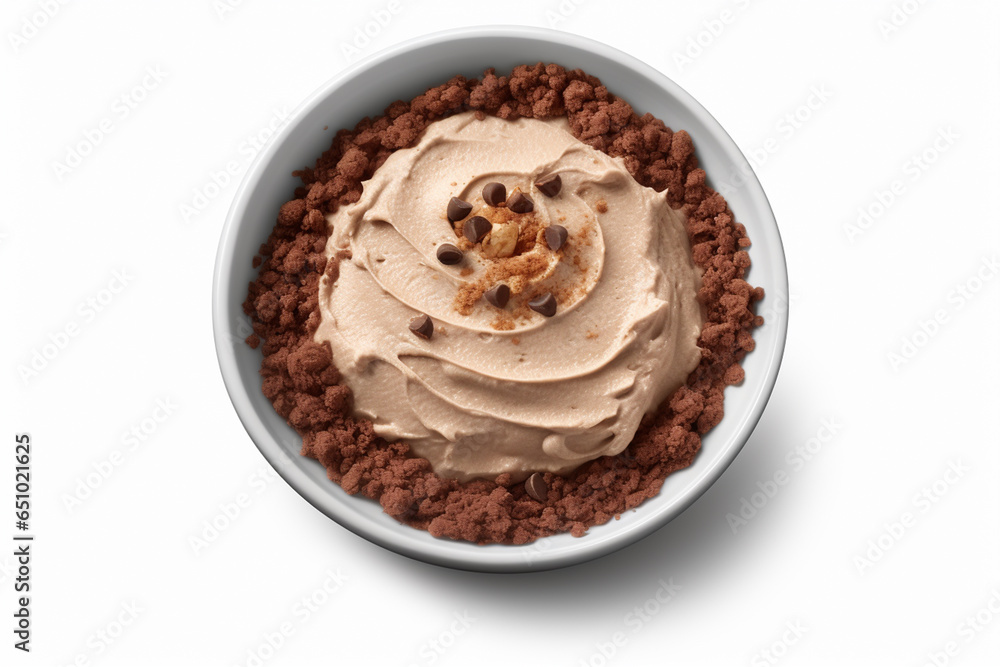 Bowl Nutty Brown Base, Almond Butter Swirl, Cocoa Nibs, Walnut Pieces On White Plate, On Isolated Transparent Background Bowl Nutty Brown Base, Almond Butter Swirl, Cocoa Nibs, Walnut Pieces On White Plate, On Isolated Transparent Background