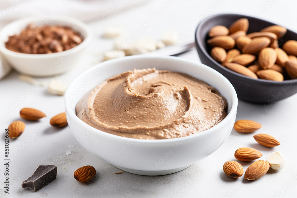 Bowl With Almond Butter, Cocoa, And Walnut On White Plate