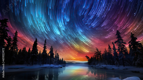 Enigmatic swirls of auroras in a polar night sky. AI generative