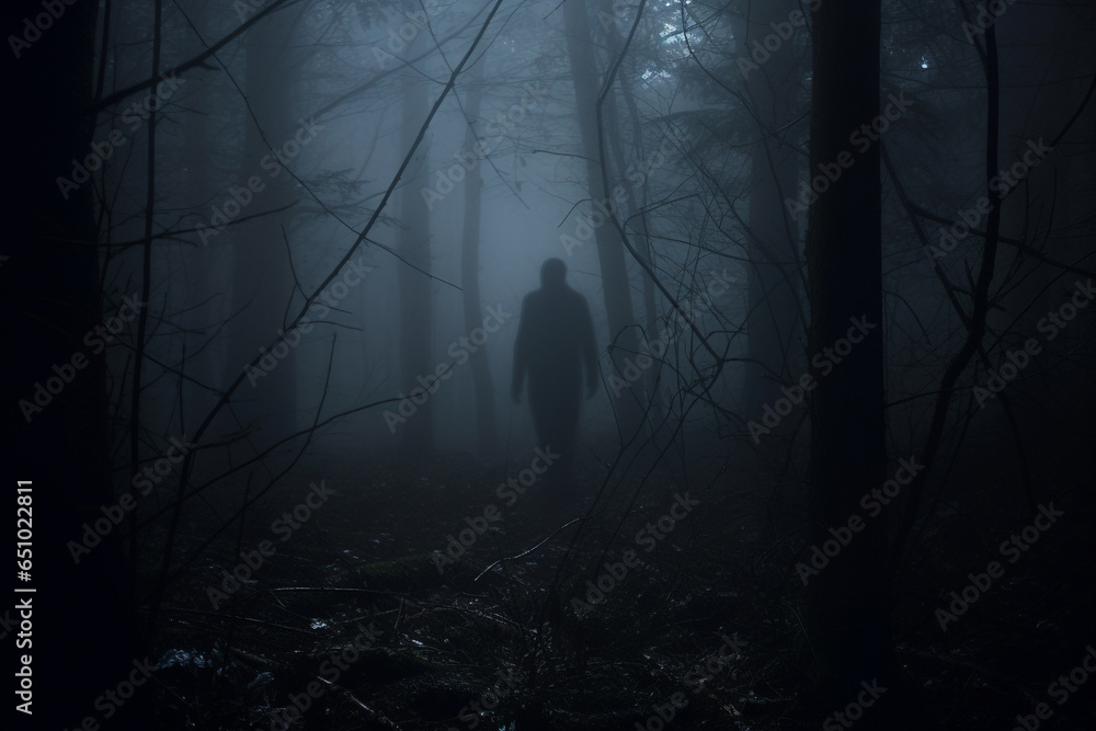 Horror, fantasy, mystery and landscape concept. Dark human or ghost silhouette standing in dark forest. Dense forest covered with mist or fog. Dark tree trunks in background. Generative AI - obrazy, fototapety, plakaty 