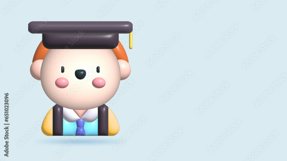 Smiling Young man in graduation cap with diploma in hand. Graduate 3d Realistic illustration.
