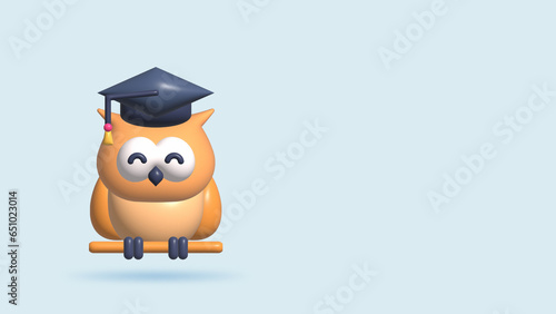 3d illustration of owl in graduation hat sitting on branch of wood
