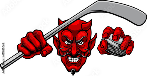A devil or satan ice hockey sports mascot cartoon character holding a puck and stick