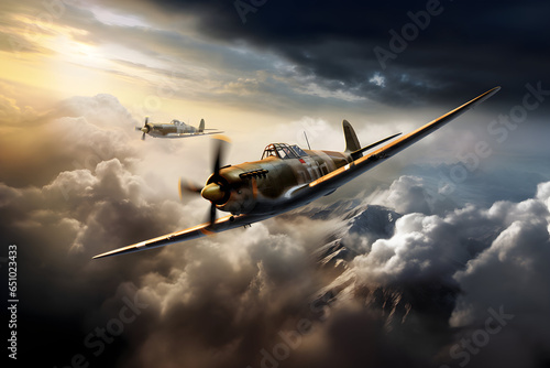 Jagdflugzeug in bewölktem Himmel auf dem Weg zum Einsatz, erstellt mit generativer KI photo