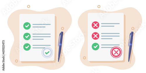 Exam pass fail form icon vector graphic illustration, expertise survey quiz checklist flat design, claim checklist approved disapproved paper document report, good bad study mark list image clipart