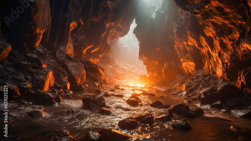 Majestic cave interior with sunlight filtering through and water present