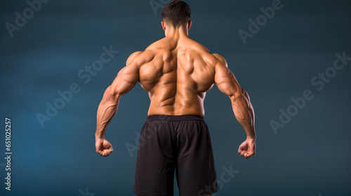Shirtless body builder in a back and biceps pose, shot in a studio