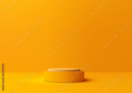 3D realistic mockup display empty yellow podium platform on minimal wall scene yellow background