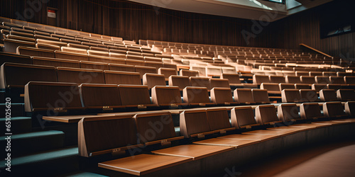 empty lecture hall with dark walls background and chairs © Haleema
