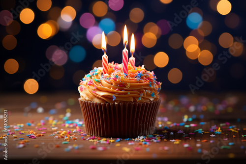 Generative AI Image of Birthday Cupcake with Colorful Sprinkles and Burning Candles on Wooden Table