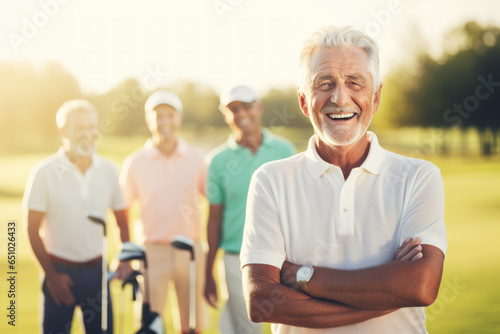 Group of senior exercising playing golf on outdoor