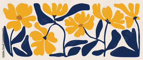 Abstract botanical art background vector. Natural hand drawn pattern design with leaves branch, flower. Simple contemporary style illustrated Design for fabric, print, cover, banner, wallpaper.