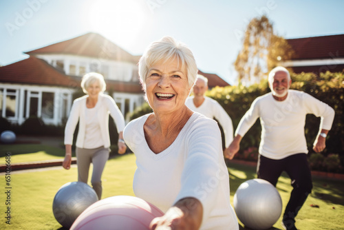 Group of senior exercising joying on outdoor