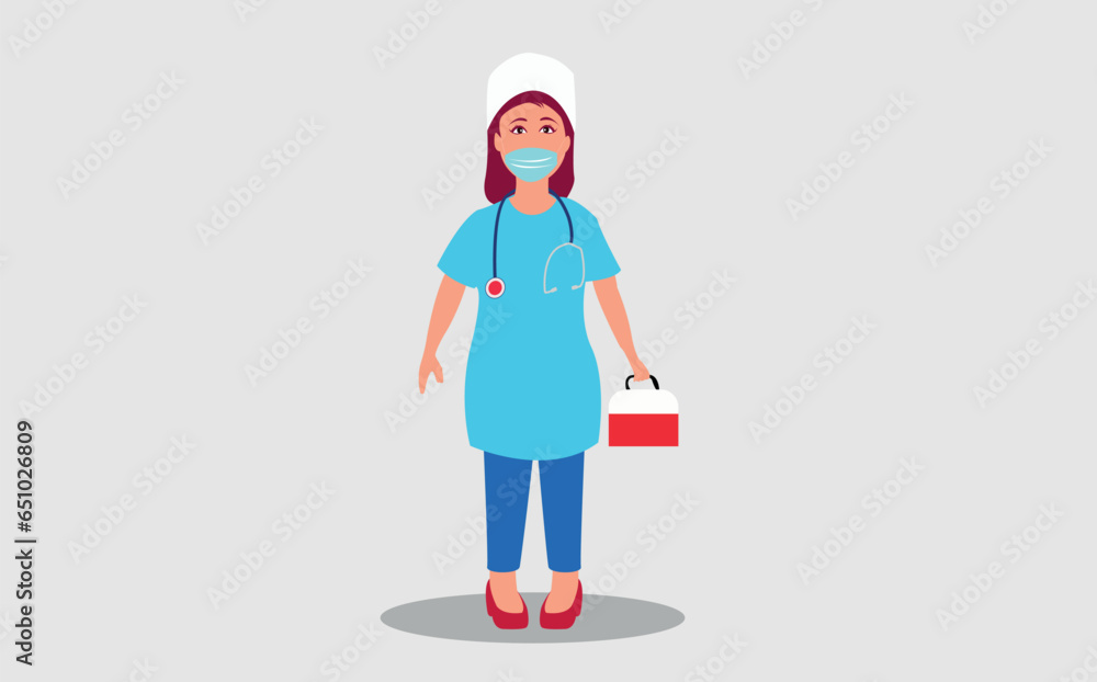 Female woman nurse character presenting something isolated vector illustration Female woman nurse character presenting something isolated vector illustration