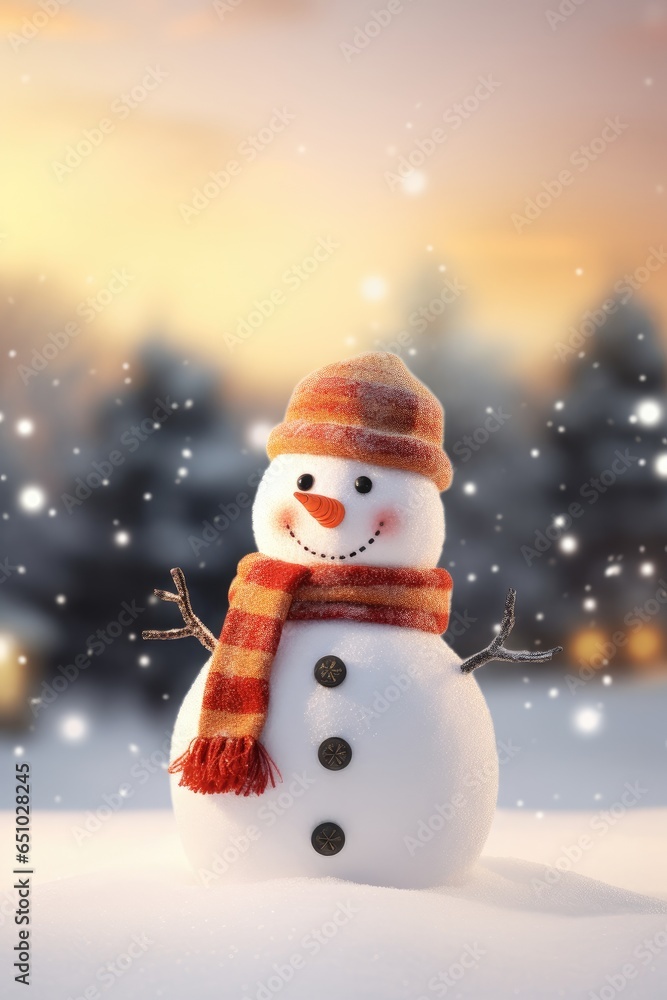 Christmas Snowman On Winter Background. Funny festive snowman in a hat. Merry christmas and a happy new year. Holiday banner and poster. Christmas poster and banner