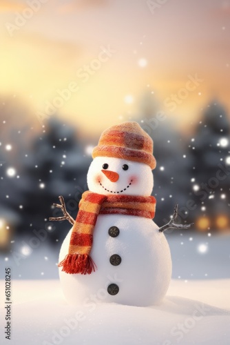 Christmas Snowman On Winter Background. Funny festive snowman in a hat. Merry christmas and a happy new year. Holiday banner and poster. Christmas poster and banner © megavectors