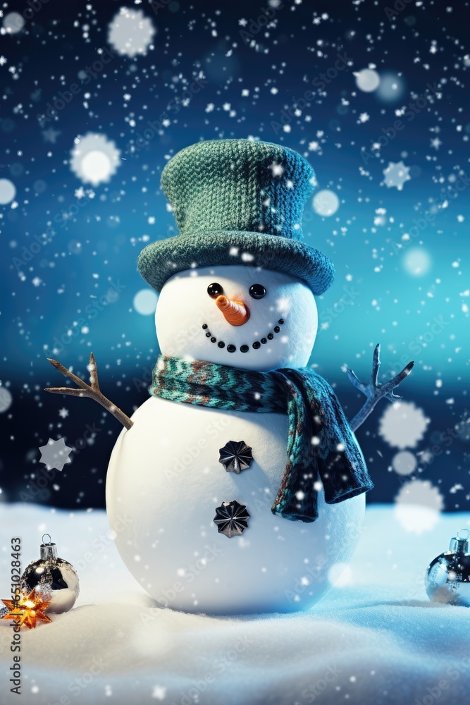 Christmas Snowman On Winter Background. Funny festive snowman in a hat. Merry christmas and a happy new year. Holiday banner and poster. Christmas poster and banner