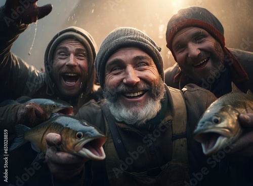 A group of fishermen holding trout © cherezoff