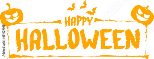 Happy Halloween text banner design template with scary halloween pumpkin isolated on white background. Halloween party lettering logo, label, sticker, poster and banner design